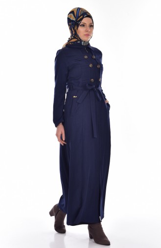 Zippered Belted Topcoat 61185-03 Navy Blue 61185-03