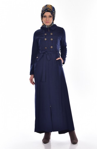 Zippered Belted Topcoat 61185-03 Navy Blue 61185-03