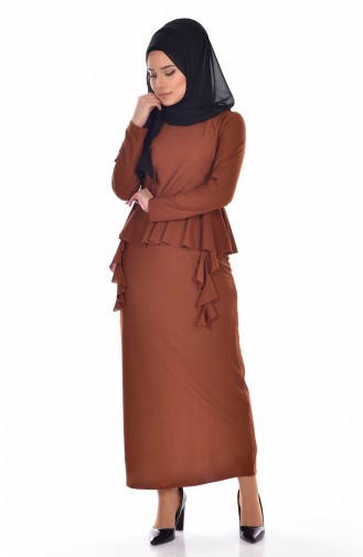 Fırfırlı Bluz Etek İkili Takım 4117-04 Taba