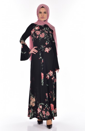 Robe a Motifs et Ceinture 1644A-01 Noir Saumon 1644A-01