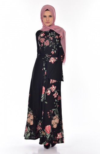 Robe a Motifs et Ceinture 1644A-01 Noir Saumon 1644A-01