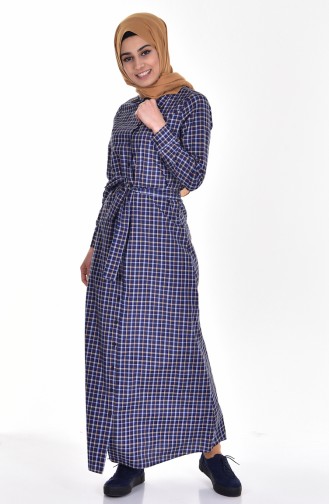 Robe a Carreaux et Ceinture 2266-01 Bleu Marine Moutarde 2266-01