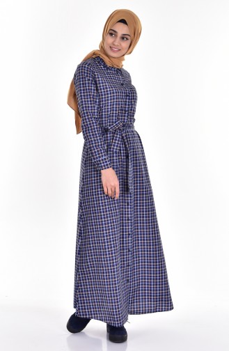 Robe a Carreaux et Ceinture 2266-01 Bleu Marine Moutarde 2266-01