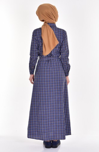 Robe a Carreaux et Ceinture 2266-01 Bleu Marine Moutarde 2266-01