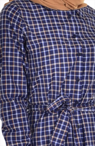 Robe a Carreaux et Ceinture 2266-01 Bleu Marine Moutarde 2266-01