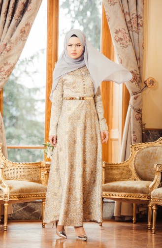 Beige Hijab Evening Dress 7974-04