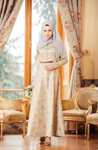 Beige Hijab Evening Dress 7974-04