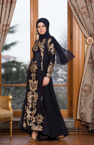 Navy Blue Hijab Evening Dress 52681-01