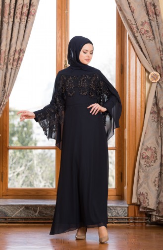 Navy Blue Hijab Evening Dress 52668-05