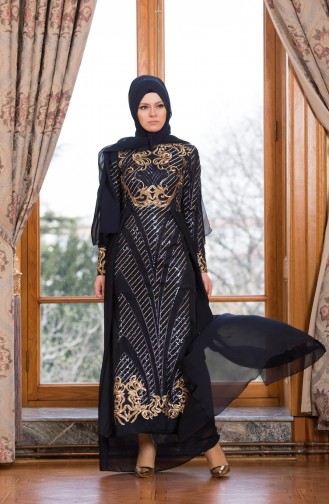 Navy Blue Hijab Evening Dress 52678-04