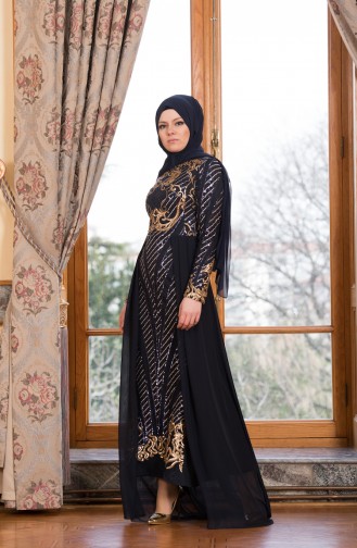 Navy Blue Hijab Evening Dress 52678-04