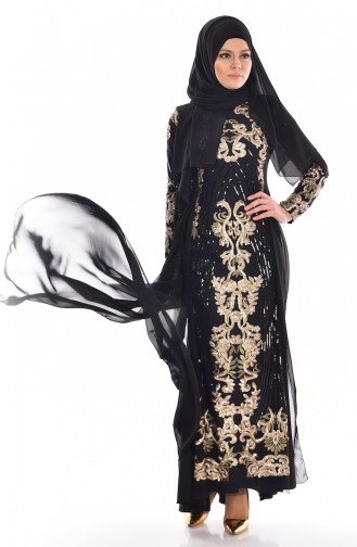 Black Hijab Evening Dress 52681-04
