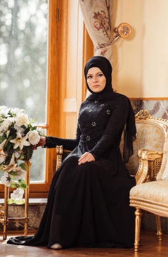 Black Hijab Evening Dress 8011A-02
