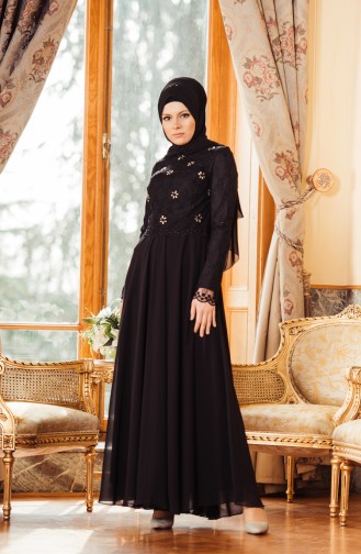 Black Hijab Evening Dress 8011A-02