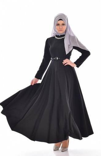 Hijab Kleid mit Halskette und Gürtel  8112-05 Schwarz 8112-05