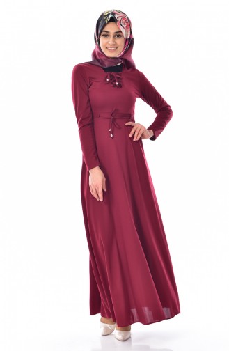 Beli Bağcıklı Elbise 1082-06 Bordo