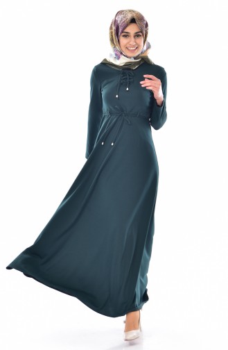 Beli Bağcıklı Elbise 1082-03 Zümrüt Yeşili