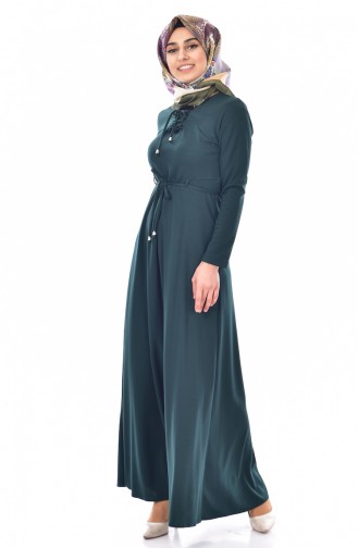 Beli Bağcıklı Elbise 1082-03 Zümrüt Yeşili
