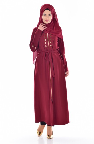 Sude Eylet Detailed Abaya 2123-03 Claret Red 2123-03