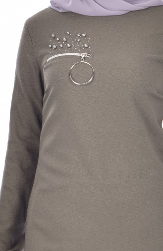 VMODA Zipper Detailed Pearls Tunic 6401-03 Khaki 6401-03