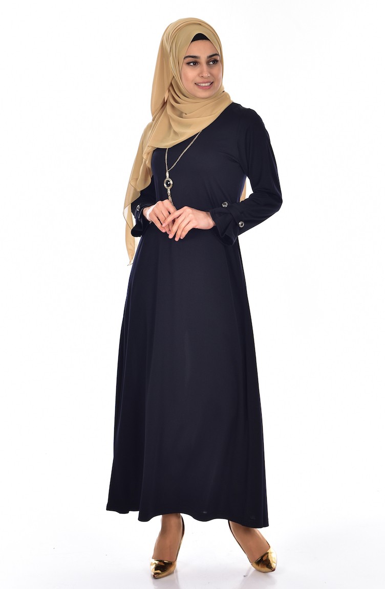 Kolyeli Elbise 5504-01 Koyu Lacivert