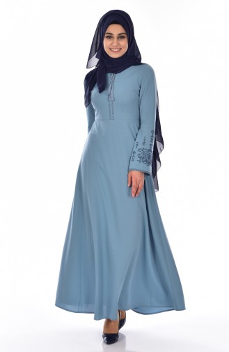 İşlemeli Elbise 0507-01 Mavi