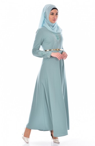 Besticktes Kleid mit Gürtel 0508-05 Helles Grün 0508-05