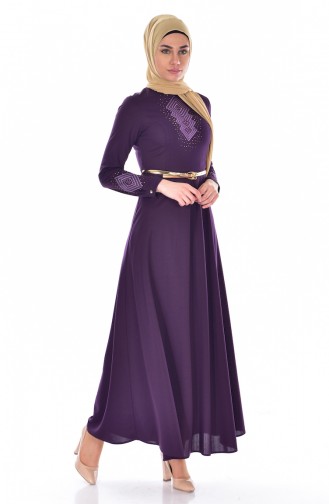 Besticktes Kleid mit Gürtel 0508-08 Lila 0508-08