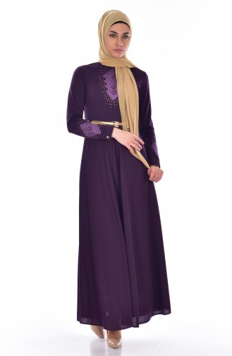 Besticktes Kleid mit Gürtel 0508-08 Lila 0508-08