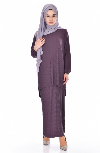 Ensemble Deux Pieces Jupe Tunique Plissée 6253-14 Couleur Aubergine 6253-14