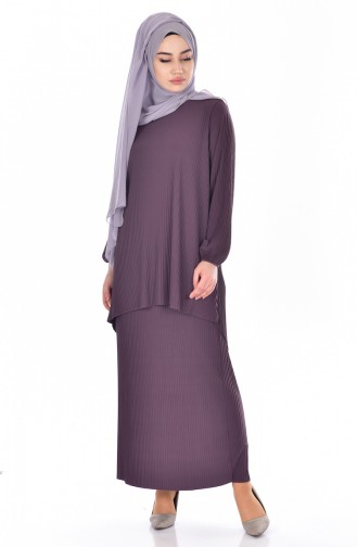 Ensemble Deux Pieces Jupe Tunique Plissée 6253-14 Couleur Aubergine 6253-14