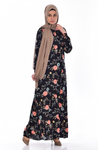 Çiçek Desenli Elbise 0106-01 Siyah