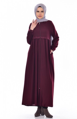 Besticktes Abaya mit Reisverschluss  0005-02 Weinrot 0005-02