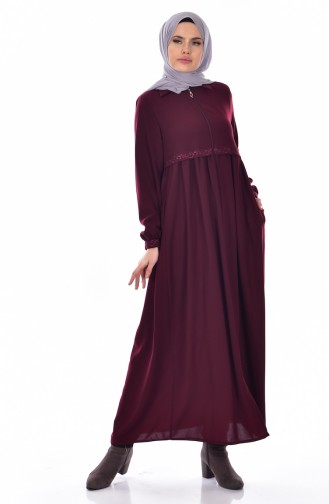 Besticktes Abaya mit Reisverschluss  0005-02 Weinrot 0005-02