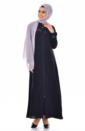 Abaya a Dentelle et Fermeture 0523-01 Noir 0523-01