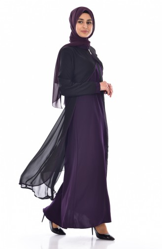 Abaya Garni en Mousseline 0515-01 Noir Pourpre 0515-01