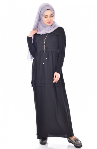 Beli Bağcıklı Kolyeli Elbise 1081-01 Siyah