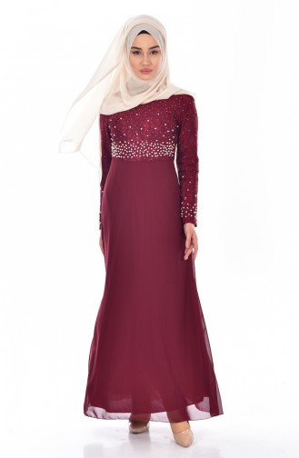 Claret Red Hijab Evening Dress 3315-04