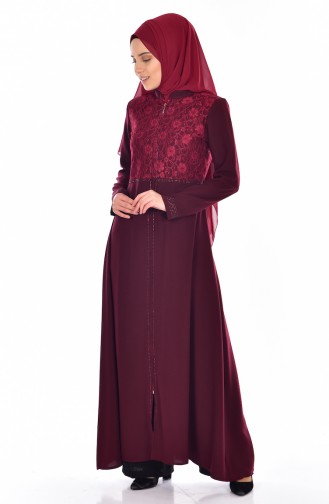 Abaya a Dentelle İmprimé de Pierre 0990-01 Bordeaux 0990-01