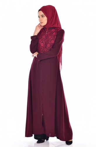 Abaya a Dentelle İmprimé de Pierre 0990-01 Bordeaux 0990-01