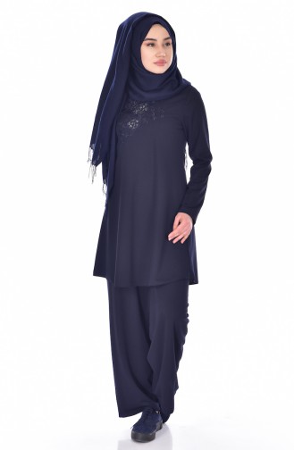 Nakışlı Tunik Pantolon İkili Takım 18109-07 Lacivert