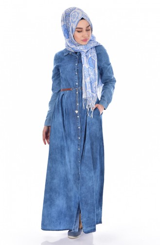 Çıtçıtlı Kot Elbise 21042-01 Açık Mavi