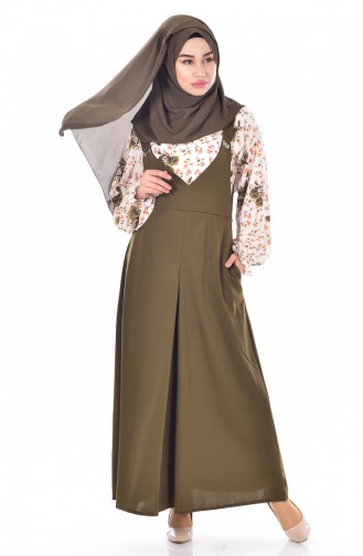 طقم فستان بتصميم بدون أكمام وقميص 1945-02 لون أخضر كاكي 1945-02