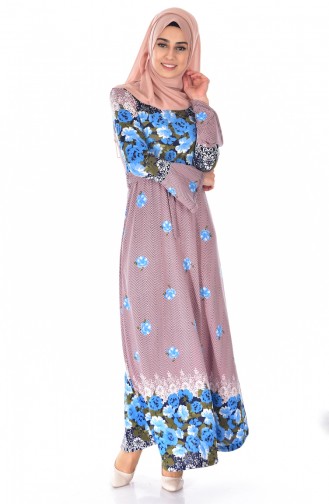Kuşaklı Desenli Elbise 5082-01 Pudra Mavi