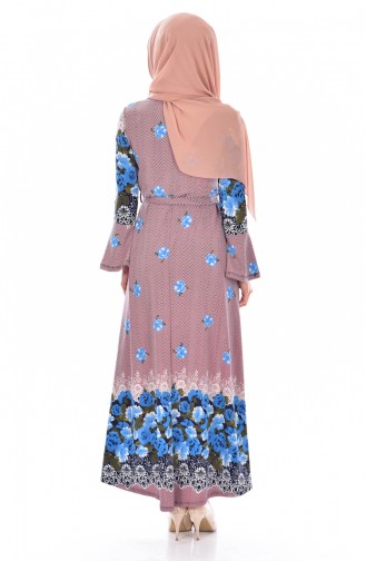 Kuşaklı Desenli Elbise 5082-01 Pudra Mavi