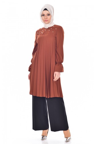 Pleated Tunic with Pearls 3177-06 Tobacco 3177-06