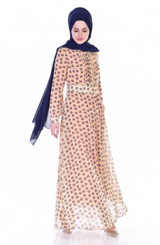 Blumen Gemustertes Chiffon Kleid 0151-01 Senf 0151-01