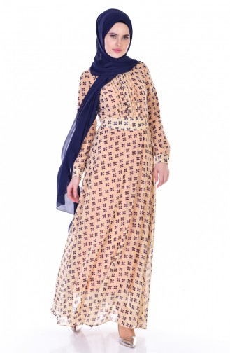 Blumen Gemustertes Chiffon Kleid 0151-01 Senf 0151-01