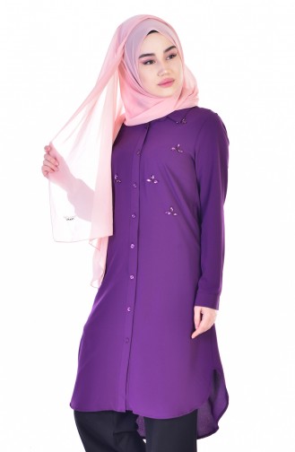 Taşlı Düğmeli Tunik 1217-02 Mor