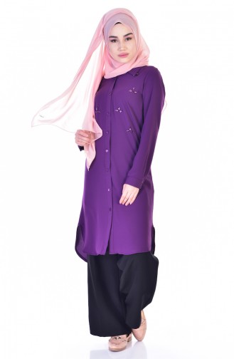 Taşlı Düğmeli Tunik 1217-02 Mor